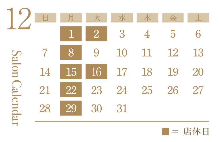 美容室シエラグラムの12月の営業日カレンダー